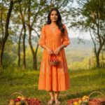 Peach Orange Embroidered Cotton Midi Dress