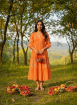 Peach Orange Embroidered Cotton Midi Dress