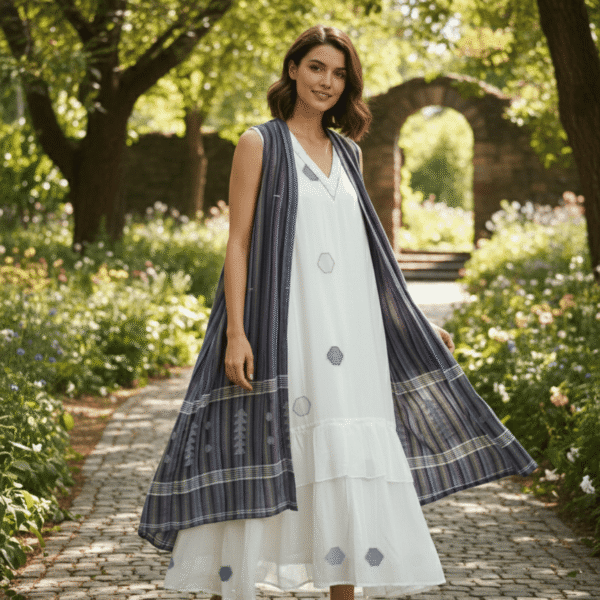 Cotton Midi Dress with striped layer