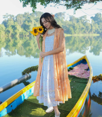 Women’s sky blue embroidered cotton midi dress with orange checkered long shrug and multicolour detailing.