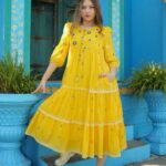 Premium Sunshine Yellow Embroidered Cotton Midi Dress