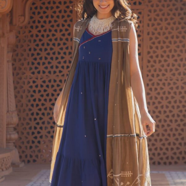 Indigo Blue Mul Cotton Midi Dress with Statement Overlay Jacket