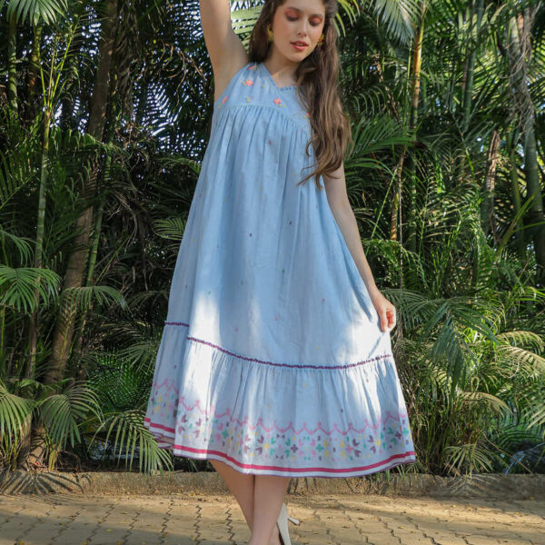 Premium Cotton Embroidered Midi Dress – Sky Blue