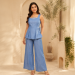 Sky Blue Pearl Neck Peplum Co-ord Set