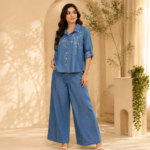 Women’s Blue Embroidered Denim Co-ord Set with Wide-Leg Pants