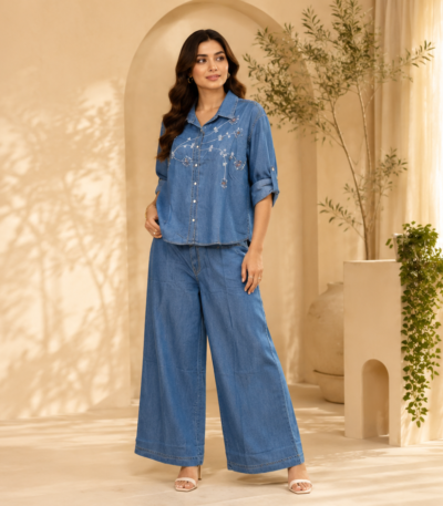 Women’s Blue Embroidered Denim Co-ord Set with Wide-Leg Pants