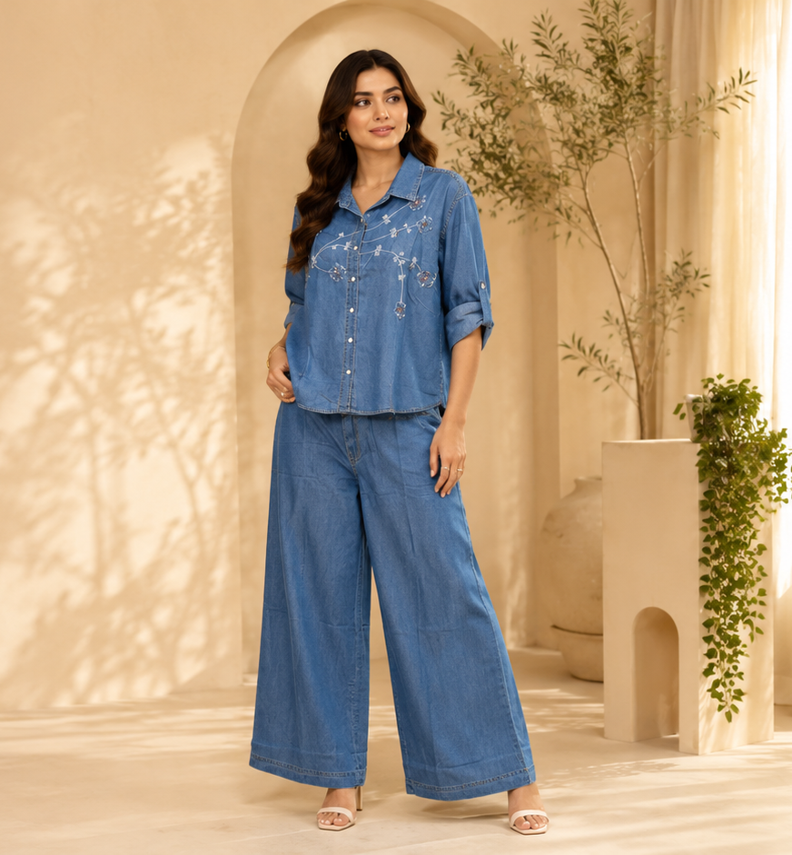 Women’s Blue Embroidered Denim Co-ord Set with Wide-Leg Pants