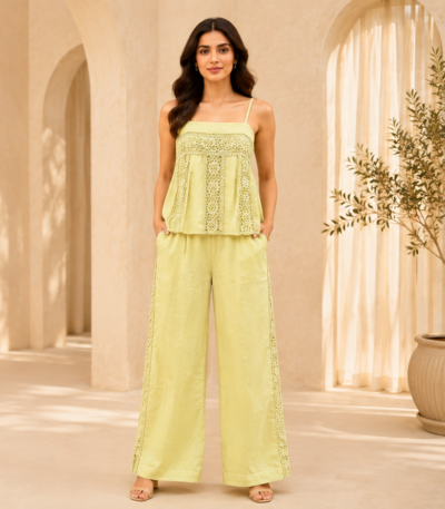 Women’s Pastel green Lace Camisole Top with Wide-Leg Pant Co-ord Set