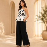 premium black and white abstract print sleeveless top with black wide-leg pant co-ord set in imported fabric.