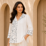 White Women’s Top with Navy Blue Floral Embroidery