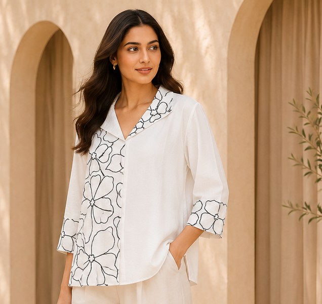 White Women’s Top with Navy Blue Floral Embroidery