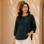 Premium Bottle Green Rose Embellished Women’s Top