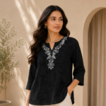 Floral Embroidered 3/4 Sleeve Tunic Top