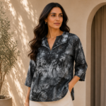 Abstract Printed Embroidered Collar Tunic Top