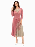Premium Korean Floral Pleated Midi Dress for Women