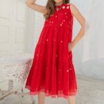 Red Premium Cotton Floral  Midi