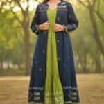 Olive Green & Navy Blue Premium Cotton  Long Jacket Style Dress