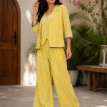 Premium Cotton Yellow 3-Piece Western Co-ord Set for Women