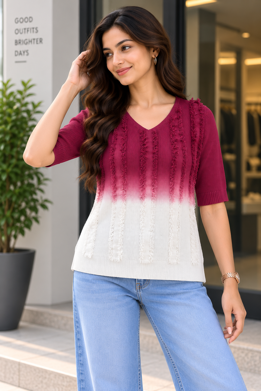 Codex Image Sep 8, 2026, 03_55_28 PM Women’s Ombre Textured V-Neck Knitted Top - Image 1