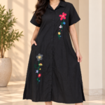 Floral Embroidered Button-Down Midi Shirt Dress
